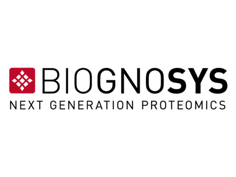 Square red logo with smaller white squares on top and Biognosys written in black