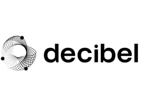 Company name Decibel in black preceeded by it's round logo in black with three dots