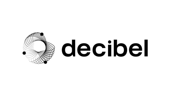 Company name Decibel in black preceeded by it's round logo in black with three dots