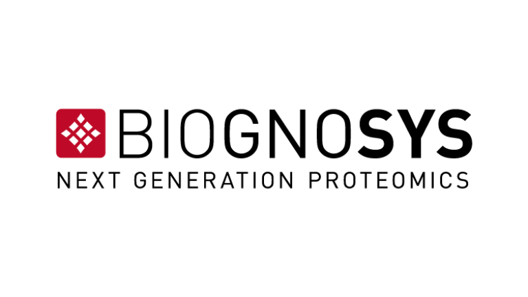 Square red logo with smaller white squares on top and Biognosys written in black