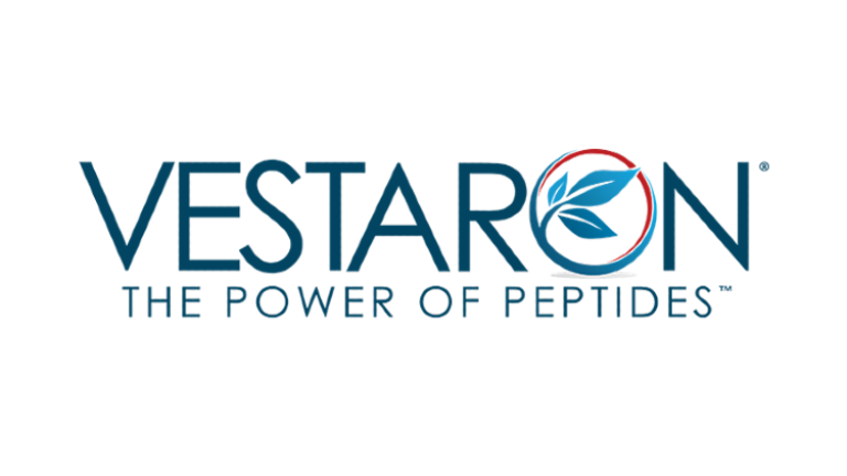 Logo of Vestaron in Blue with a leaf in the O