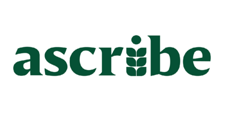 Ascribe spellt out in green with some leaves for an I